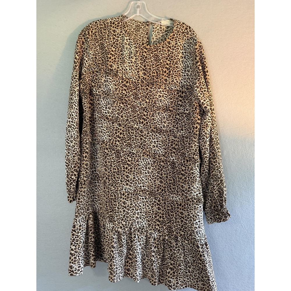 Ann Mashburn Dress Womens L Brown Animal Print Silk Ruffle Hem Shift Long Sleeve